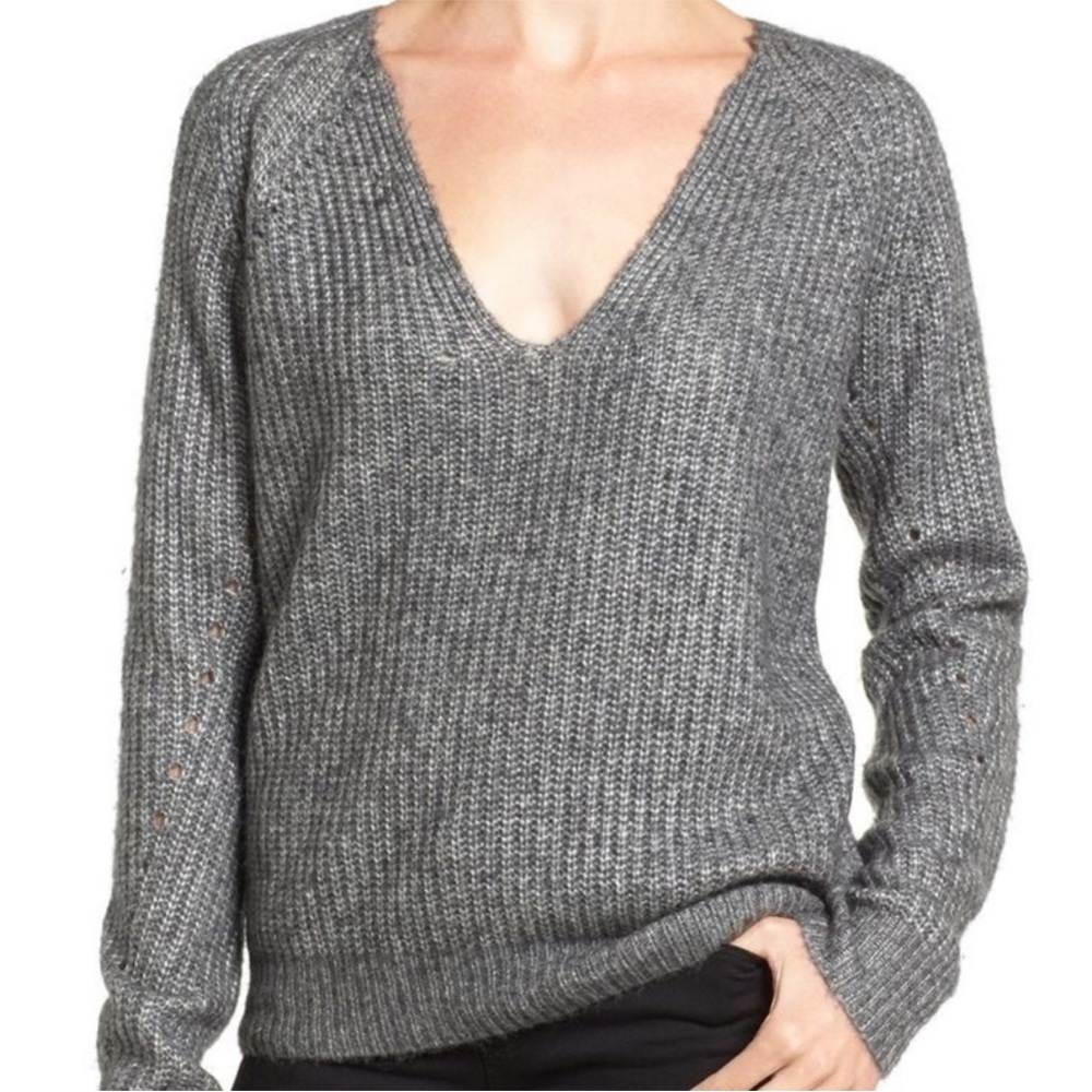 PAIGE Richelle Rib Knit Sweater XS Gray Silver V-Neck Wool Blend Lightweight